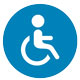 Blauer Kreis in dem ein Rollstuhlfahrer abgebildet ist, symbolisiert die Barrierefreiheit